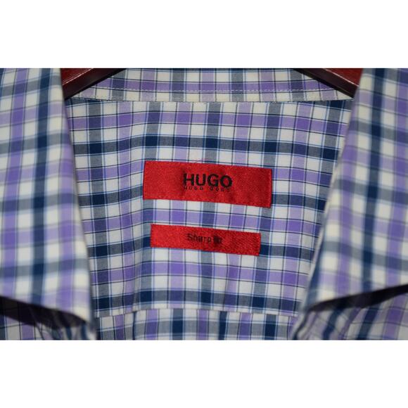 Hugo Boss Sharp Fit Purple Blue Check Button-Up Shirt Size 16.5 32/33 - Picture 3 of 3